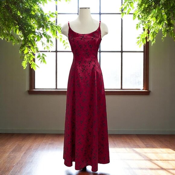 Vintage Y2K Cherry Blossom Maxi Dress Red Satin Slip Aesthetic Formal Gown - Picture 1 of 12